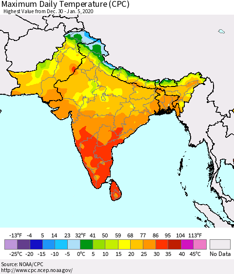 Southern Asia Maximum Daily Temperature (CPC) Thematic Map For 12/30/2019 - 1/5/2020
