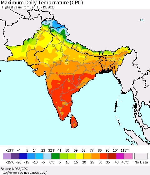 Southern Asia Maximum Daily Temperature (CPC) Thematic Map For 1/13/2020 - 1/19/2020