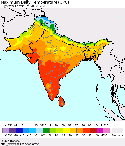 Southern Asia Maximum Daily Temperature (CPC) Thematic Map For 1/20/2020 - 1/26/2020