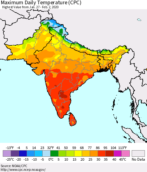 Southern Asia Maximum Daily Temperature (CPC) Thematic Map For 1/27/2020 - 2/2/2020