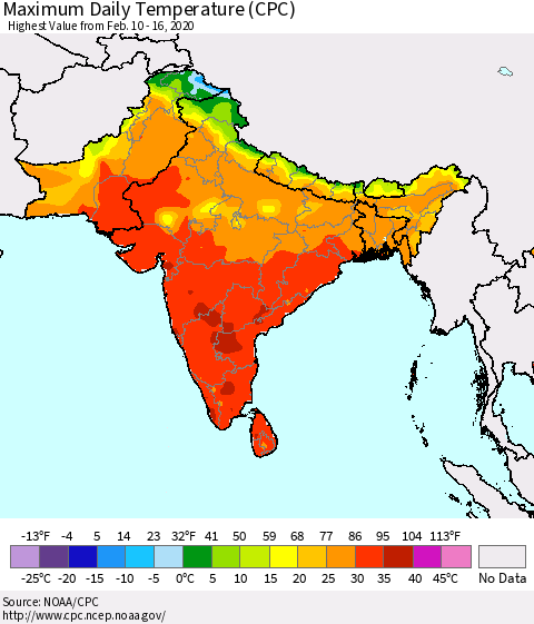 Southern Asia Maximum Daily Temperature (CPC) Thematic Map For 2/10/2020 - 2/16/2020