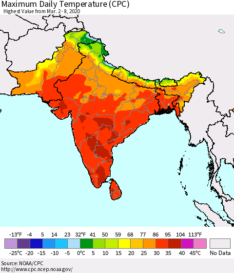 Southern Asia Maximum Daily Temperature (CPC) Thematic Map For 3/2/2020 - 3/8/2020