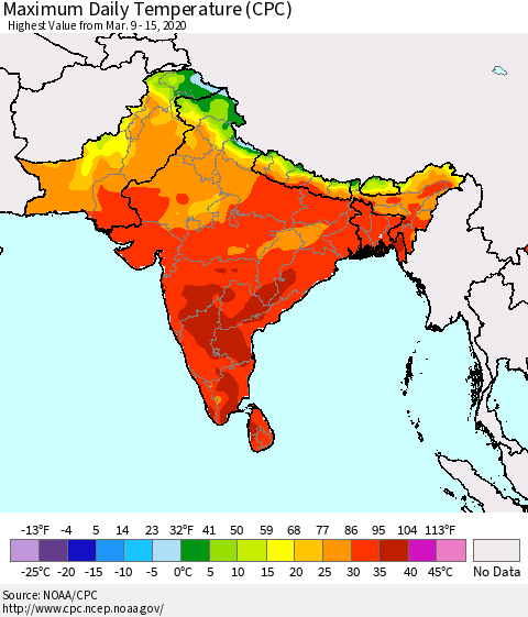 Southern Asia Maximum Daily Temperature (CPC) Thematic Map For 3/9/2020 - 3/15/2020