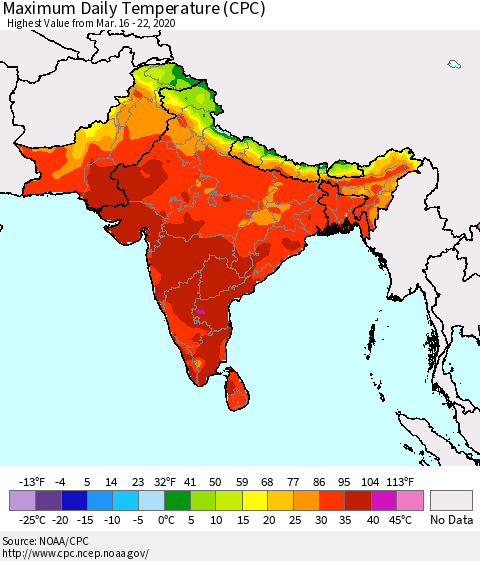 Southern Asia Maximum Daily Temperature (CPC) Thematic Map For 3/16/2020 - 3/22/2020