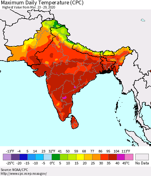 Southern Asia Maximum Daily Temperature (CPC) Thematic Map For 3/23/2020 - 3/29/2020