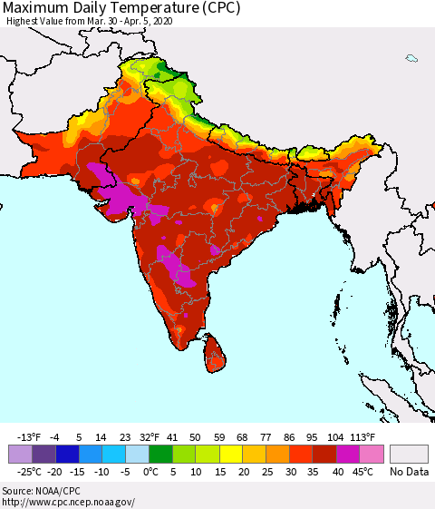 Southern Asia Maximum Daily Temperature (CPC) Thematic Map For 3/30/2020 - 4/5/2020
