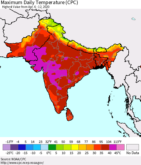 Southern Asia Maximum Daily Temperature (CPC) Thematic Map For 4/6/2020 - 4/12/2020