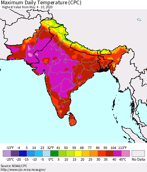 Southern Asia Maximum Daily Temperature (CPC) Thematic Map For 5/4/2020 - 5/10/2020