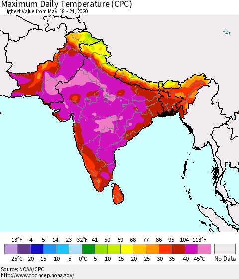 Southern Asia Maximum Daily Temperature (CPC) Thematic Map For 5/18/2020 - 5/24/2020