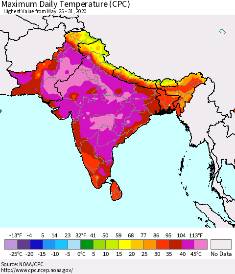 Southern Asia Extreme Maximum Temperature (CPC) Thematic Map For 5/25/2020 - 5/31/2020