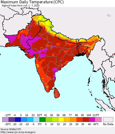 Southern Asia Maximum Daily Temperature (CPC) Thematic Map For 6/1/2020 - 6/7/2020