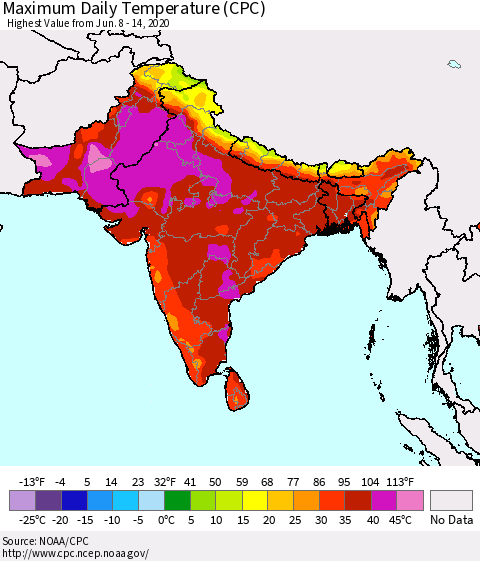 Southern Asia Maximum Daily Temperature (CPC) Thematic Map For 6/8/2020 - 6/14/2020