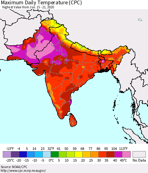 Southern Asia Maximum Daily Temperature (CPC) Thematic Map For 6/15/2020 - 6/21/2020