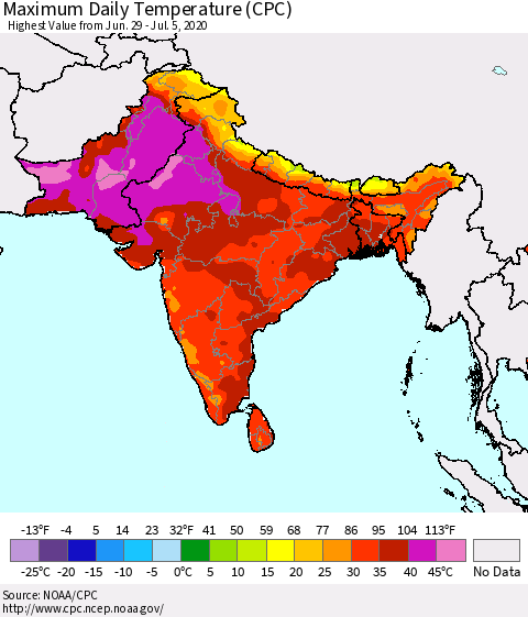 Southern Asia Maximum Daily Temperature (CPC) Thematic Map For 6/29/2020 - 7/5/2020