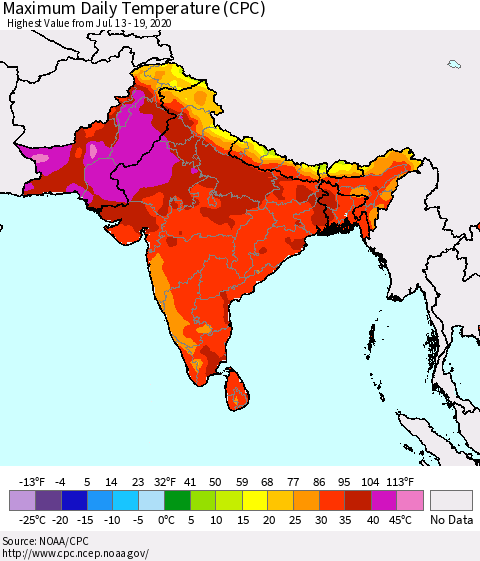 Southern Asia Extreme Maximum Temperature (CPC) Thematic Map For 7/13/2020 - 7/19/2020