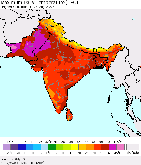 Southern Asia Maximum Daily Temperature (CPC) Thematic Map For 7/27/2020 - 8/2/2020