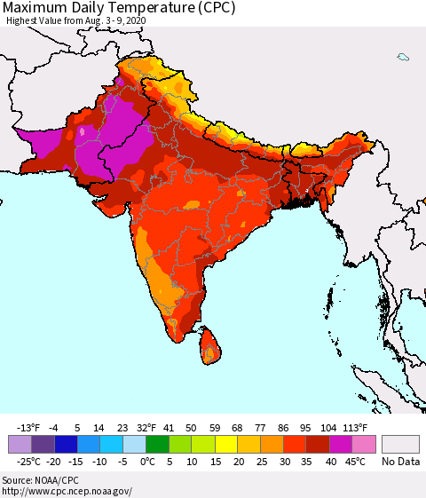 Southern Asia Extreme Maximum Temperature (CPC) Thematic Map For 8/3/2020 - 8/9/2020