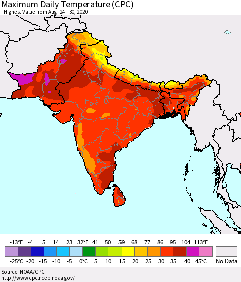 Southern Asia Maximum Daily Temperature (CPC) Thematic Map For 8/24/2020 - 8/30/2020