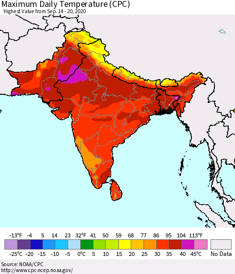 Southern Asia Extreme Maximum Temperature (CPC) Thematic Map For 9/14/2020 - 9/20/2020