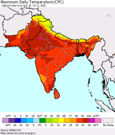 Southern Asia Extreme Maximum Temperature (CPC) Thematic Map For 9/28/2020 - 10/4/2020