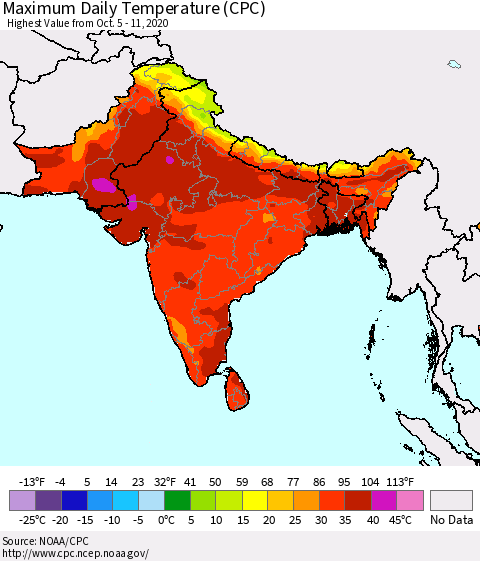 Southern Asia Extreme Maximum Temperature (CPC) Thematic Map For 10/5/2020 - 10/11/2020