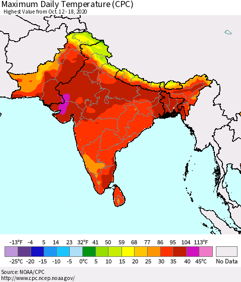 Southern Asia Maximum Daily Temperature (CPC) Thematic Map For 10/12/2020 - 10/18/2020