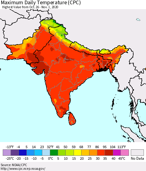 Southern Asia Maximum Daily Temperature (CPC) Thematic Map For 10/26/2020 - 11/1/2020