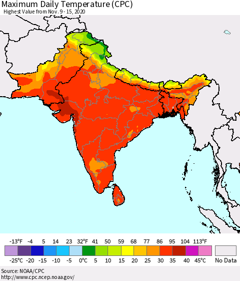 Southern Asia Maximum Daily Temperature (CPC) Thematic Map For 11/9/2020 - 11/15/2020