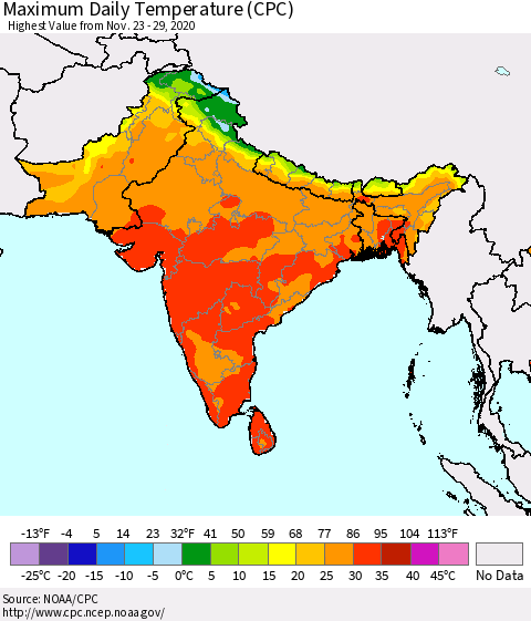 Southern Asia Maximum Daily Temperature (CPC) Thematic Map For 11/23/2020 - 11/29/2020