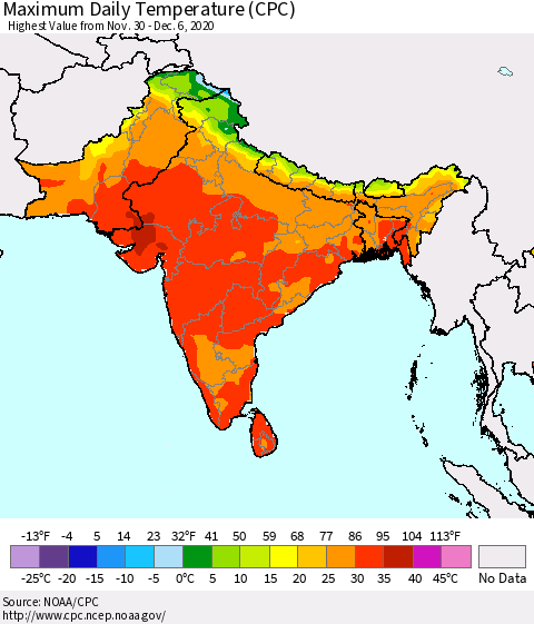 Southern Asia Maximum Daily Temperature (CPC) Thematic Map For 11/30/2020 - 12/6/2020