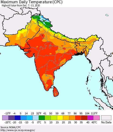 Southern Asia Maximum Daily Temperature (CPC) Thematic Map For 12/7/2020 - 12/13/2020