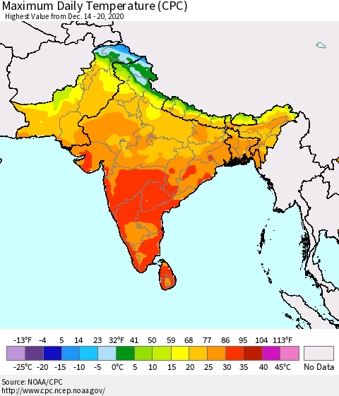 Southern Asia Maximum Daily Temperature (CPC) Thematic Map For 12/14/2020 - 12/20/2020