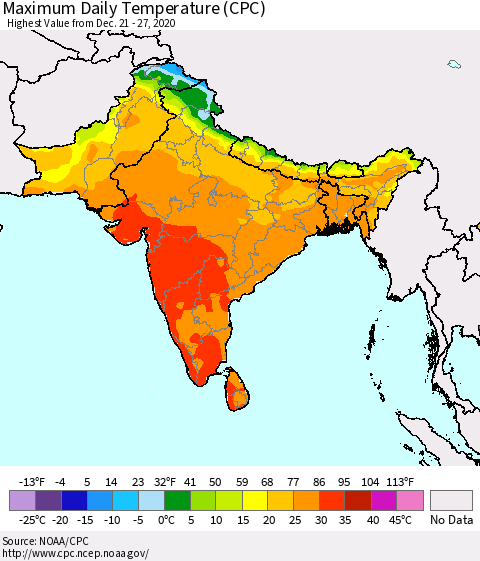 Southern Asia Maximum Daily Temperature (CPC) Thematic Map For 12/21/2020 - 12/27/2020