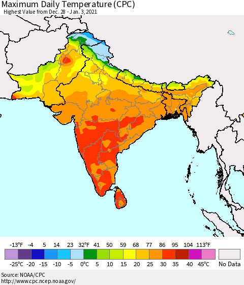 Southern Asia Maximum Daily Temperature (CPC) Thematic Map For 12/28/2020 - 1/3/2021