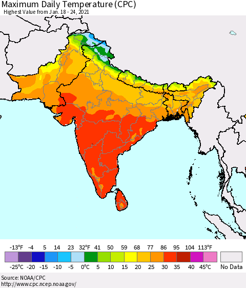 Southern Asia Maximum Daily Temperature (CPC) Thematic Map For 1/18/2021 - 1/24/2021