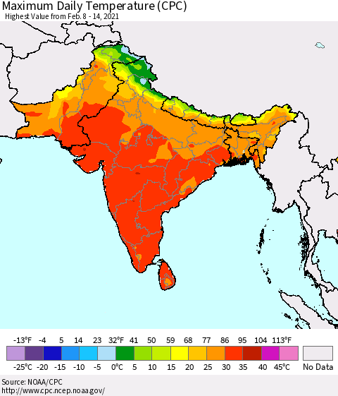 Southern Asia Maximum Daily Temperature (CPC) Thematic Map For 2/8/2021 - 2/14/2021