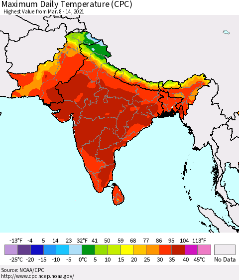 Southern Asia Maximum Daily Temperature (CPC) Thematic Map For 3/8/2021 - 3/14/2021