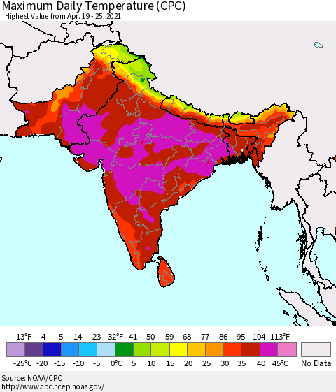 Southern Asia Maximum Daily Temperature (CPC) Thematic Map For 4/19/2021 - 4/25/2021