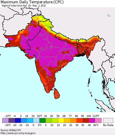 Southern Asia Maximum Daily Temperature (CPC) Thematic Map For 4/26/2021 - 5/2/2021