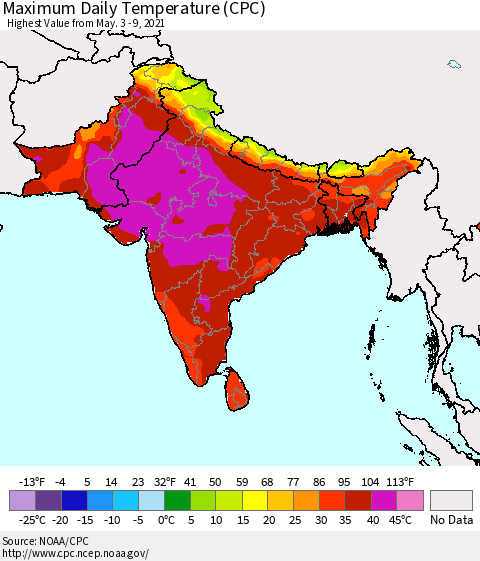 Southern Asia Maximum Daily Temperature (CPC) Thematic Map For 5/3/2021 - 5/9/2021