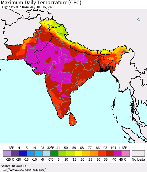 Southern Asia Maximum Daily Temperature (CPC) Thematic Map For 5/10/2021 - 5/16/2021