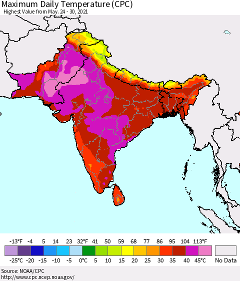 Southern Asia Maximum Daily Temperature (CPC) Thematic Map For 5/24/2021 - 5/30/2021