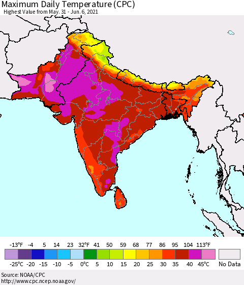 Southern Asia Maximum Daily Temperature (CPC) Thematic Map For 5/31/2021 - 6/6/2021