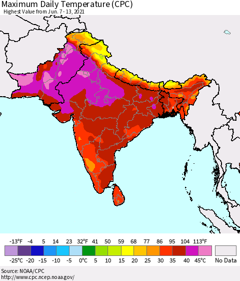 Southern Asia Maximum Daily Temperature (CPC) Thematic Map For 6/7/2021 - 6/13/2021