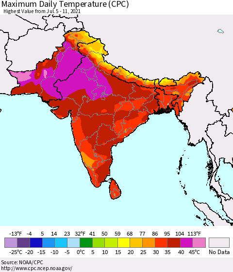 Southern Asia Maximum Daily Temperature (CPC) Thematic Map For 7/5/2021 - 7/11/2021