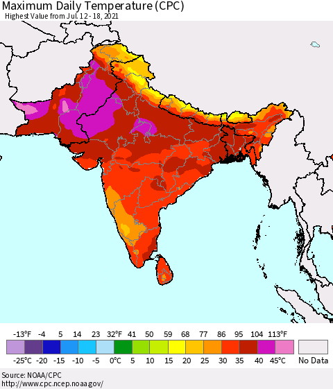 Southern Asia Maximum Daily Temperature (CPC) Thematic Map For 7/12/2021 - 7/18/2021