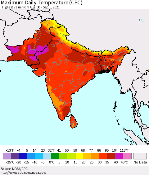 Southern Asia Maximum Daily Temperature (CPC) Thematic Map For 8/30/2021 - 9/5/2021