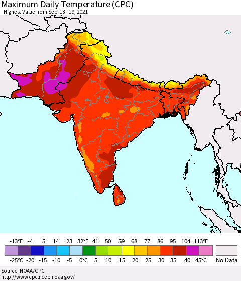 Southern Asia Maximum Daily Temperature (CPC) Thematic Map For 9/13/2021 - 9/19/2021