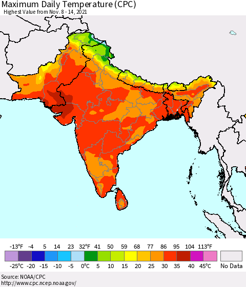 Southern Asia Maximum Daily Temperature (CPC) Thematic Map For 11/8/2021 - 11/14/2021