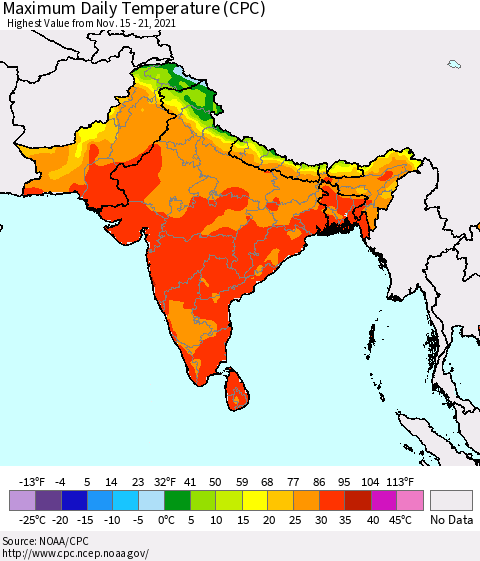 Southern Asia Maximum Daily Temperature (CPC) Thematic Map For 11/15/2021 - 11/21/2021